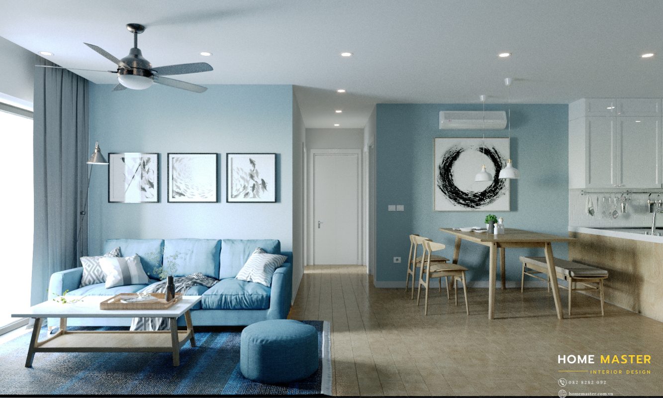 Phòng khách căn hộ Kosmo với tone màu xanh chủ đạo hợp với phong cách thiết kế Scandinavi
