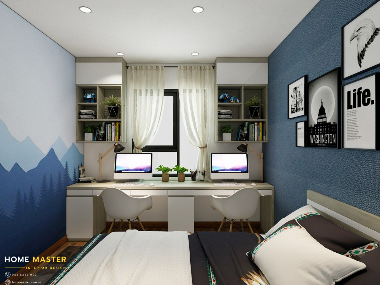 Bàn đôi kết hợp giá sách treo tường. Bố trí hợp lí phù hợp với diện tích phòng và nhu cầu sử dụng của gia đình.