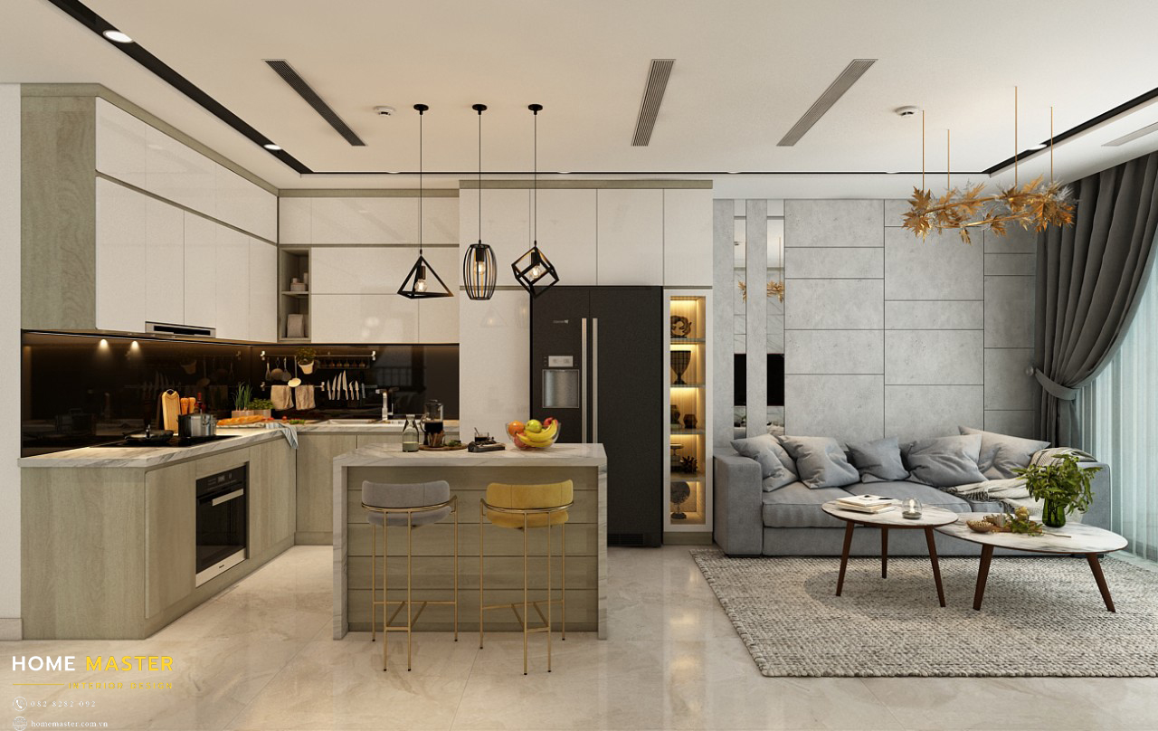 Thiết kế nội thất phòng khách bếp căn hộ 2 phòng ngủ chung cư Thống Nhất Complex