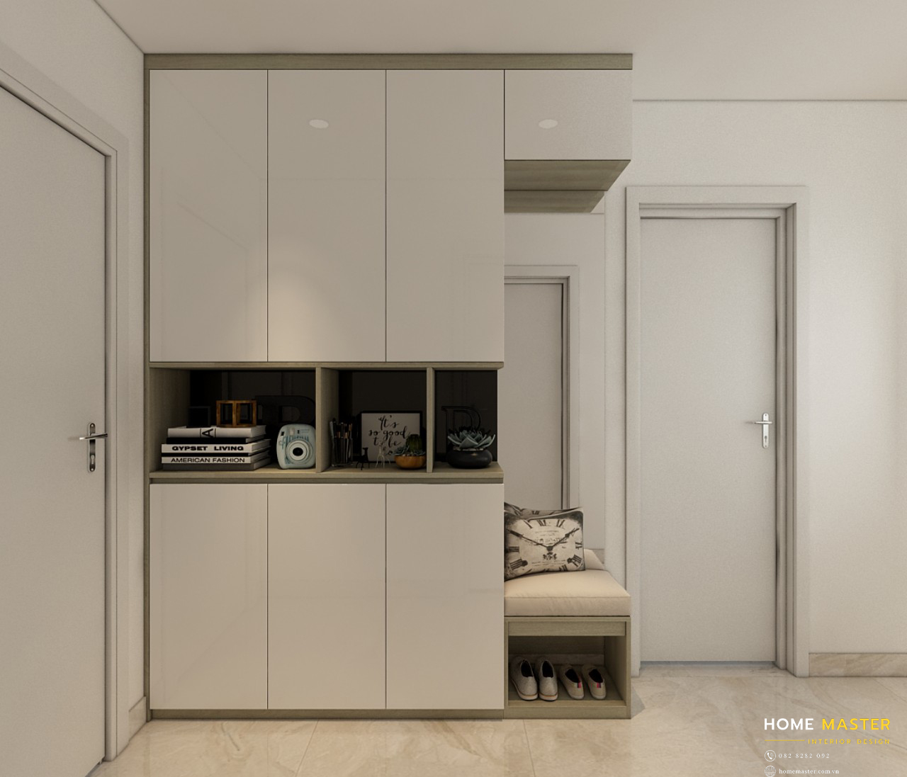 Ngay cửa ra vào, gia chủ đặt kệ đựng giày dép tiện dụng. Có nhiều ngăn để đồ dùng cần thiết khác.