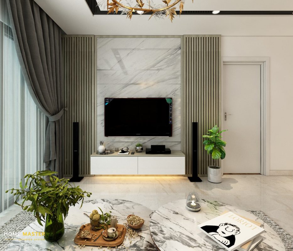 Kệ ti vi với vách ốp pvc vân đá kết hợp lam gỗ