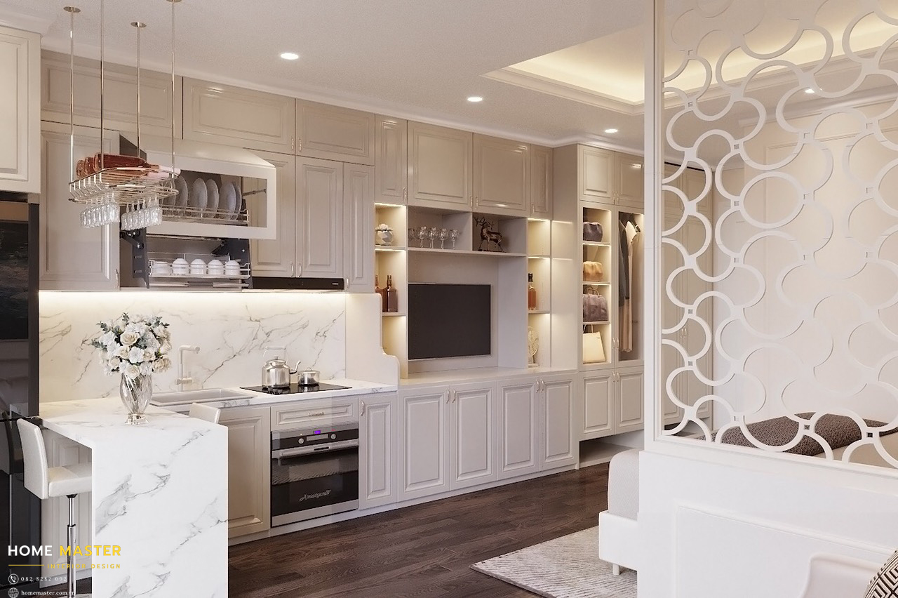 Không gian nội thất với hệ thống tủ liền kề vừa gọn gàng, tiện ích vừa đem lại giá trị thẩm mĩ cao