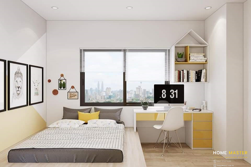 Tone màu trắng, vàng kết hợp với nội thất gỗ đem lại không gian phòng ngủ hiện đại, trẻ trung