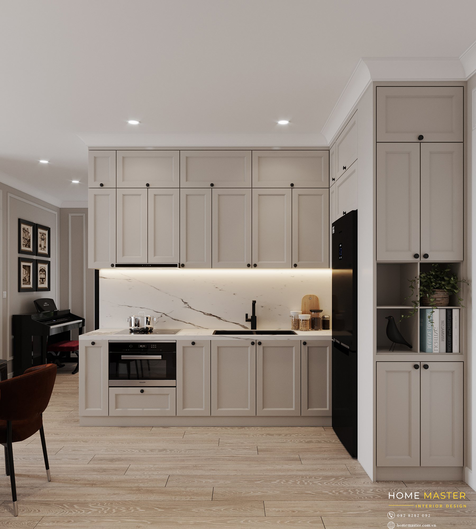 Thiết kế nội thất phòng bếp tinh gọn, tiện nghi và vô cùng ngăn nắp. Đồ nội thất sử dụng gỗ An Cường cao cấp với tone màu trắng liền mạch với phòng khách giúp không gian trông thoáng đãng hơn rất nhiều.